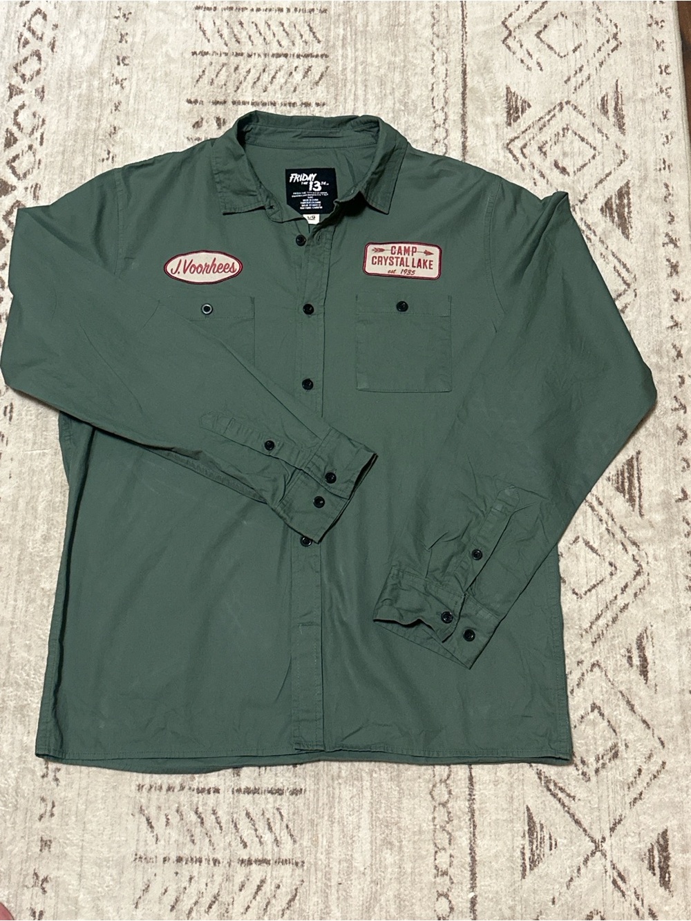 Jason Voorhees Men's Forest Green Camp Crystal Lake Button Down 100%Cotton